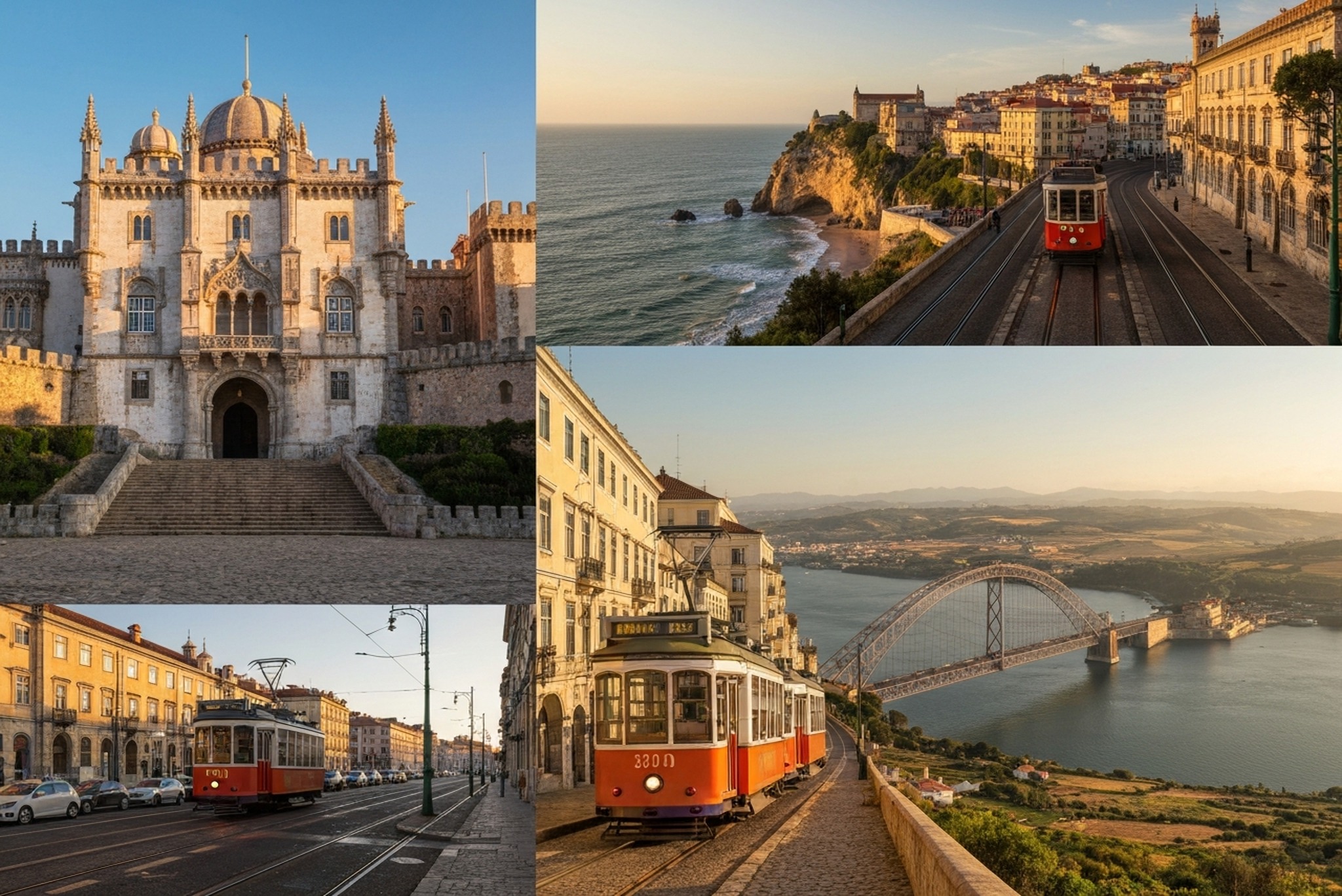 A whitewashed Portuguese coastal street with azulejo tiles, bougainvillea, and an ocean view
